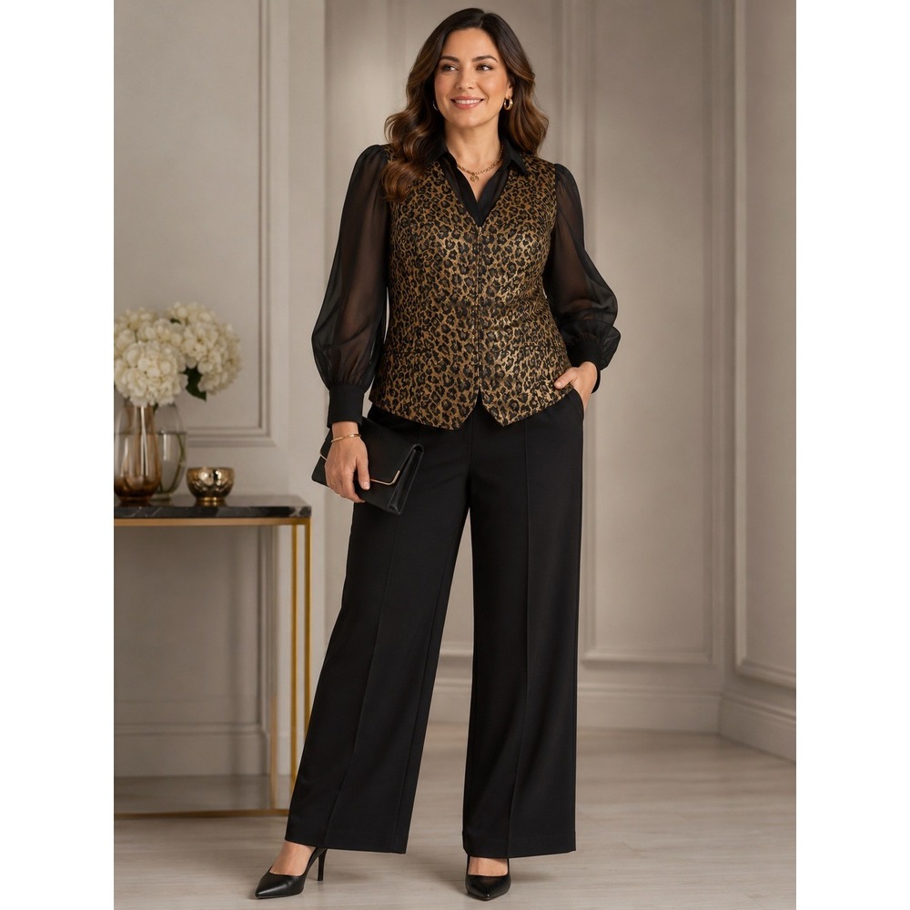 Jacqueline Ferrar Leopard Print Metallic Brocade Zip Front Vest Gold Black 14T